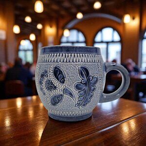 Marzi Remy 3141 Pottery Mug German Stein Blue Engraved Floral Cup 1950 - 1970